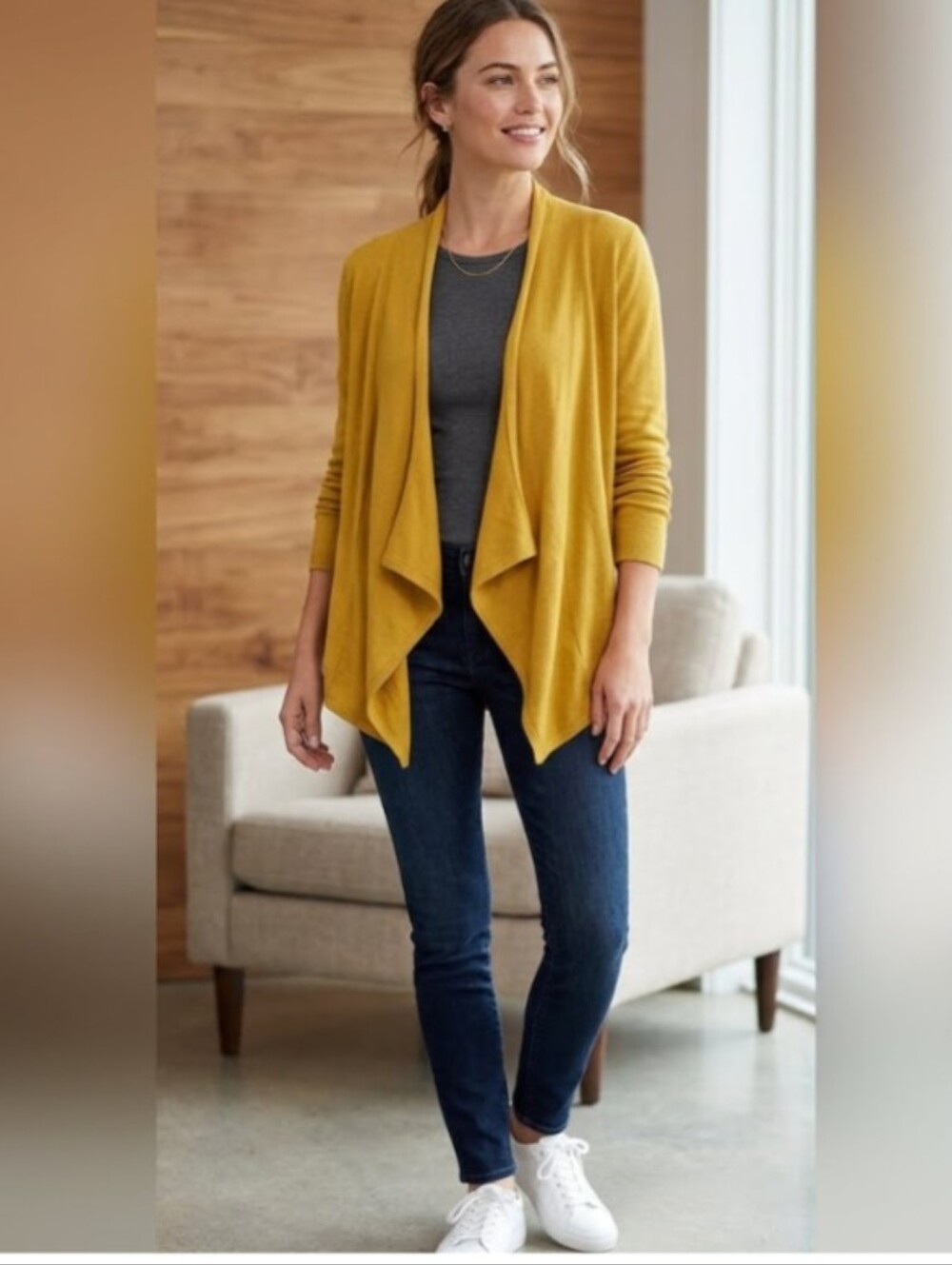 Harvé Bernard Golden Yellow Soft Acrylic Knit Single Button Cardigan Size M